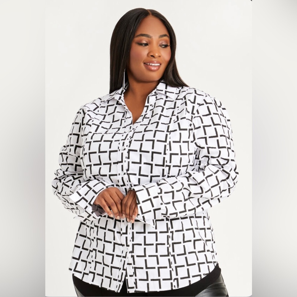 Ashley Stewart Grid Print Classic Button Up